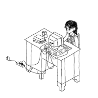 Isometric illustration of me sitting at a desk working on a desktop computer with a CRT monitor