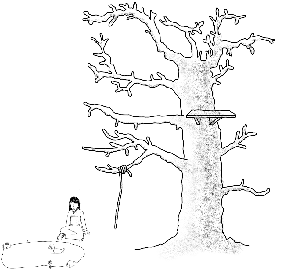 An illustration of a smiling figure (me) sitting beside a pond with a duck, under a tree with no leaves